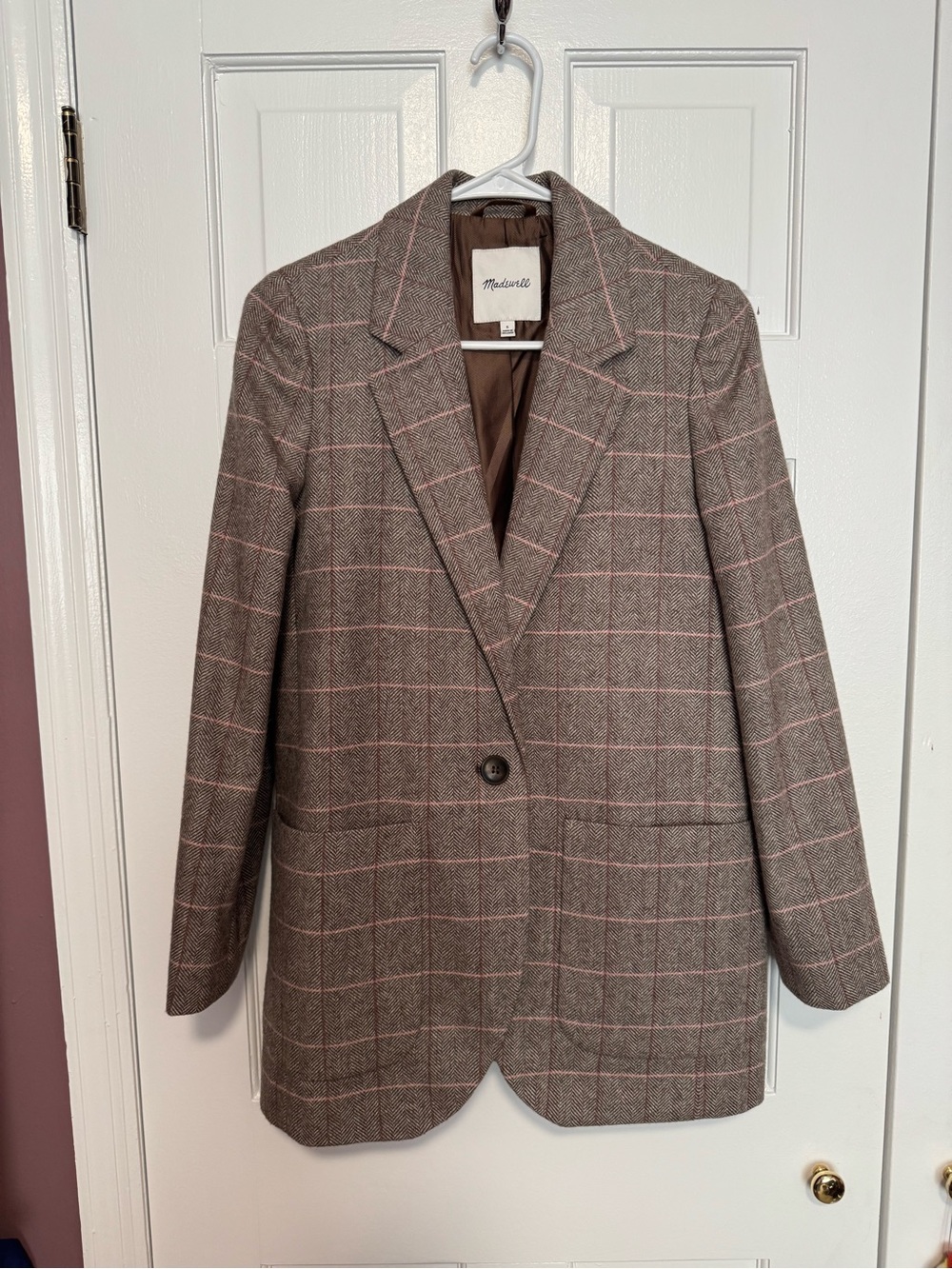Madewell Taupe Plaid Single-Button Blazer with Pink Windowpane